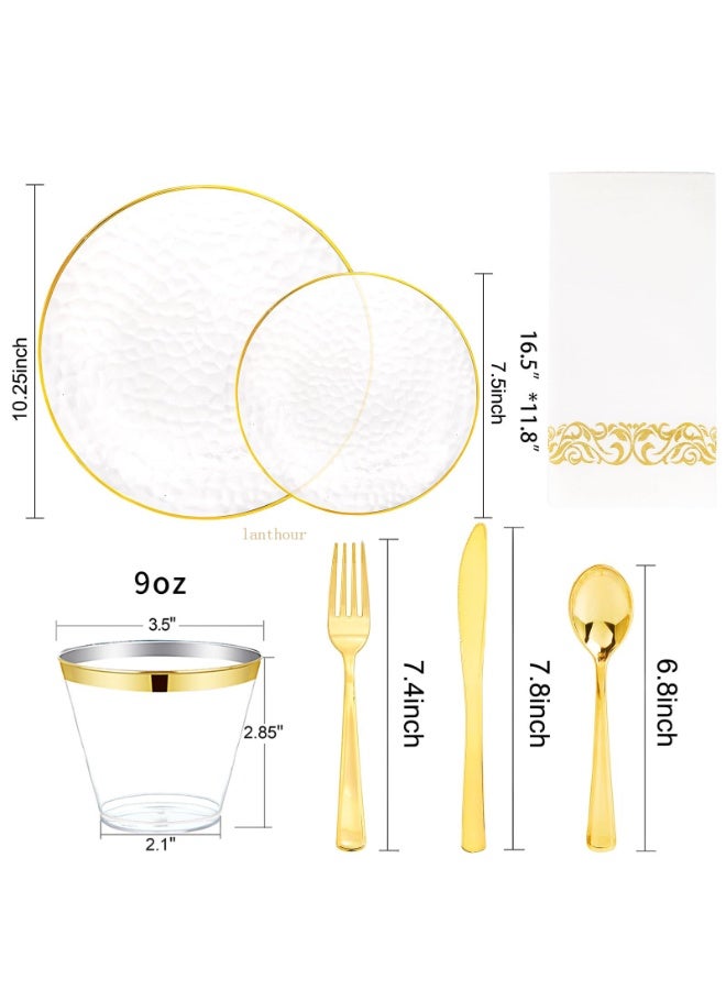 ASIV 175-Piece Clear Gold Plastic Dinnerware Set - Disposable Plates, Dessert Plates, Gold Cutlery, Cups, and Napkins - Perfect for Parties and Events - Image 2